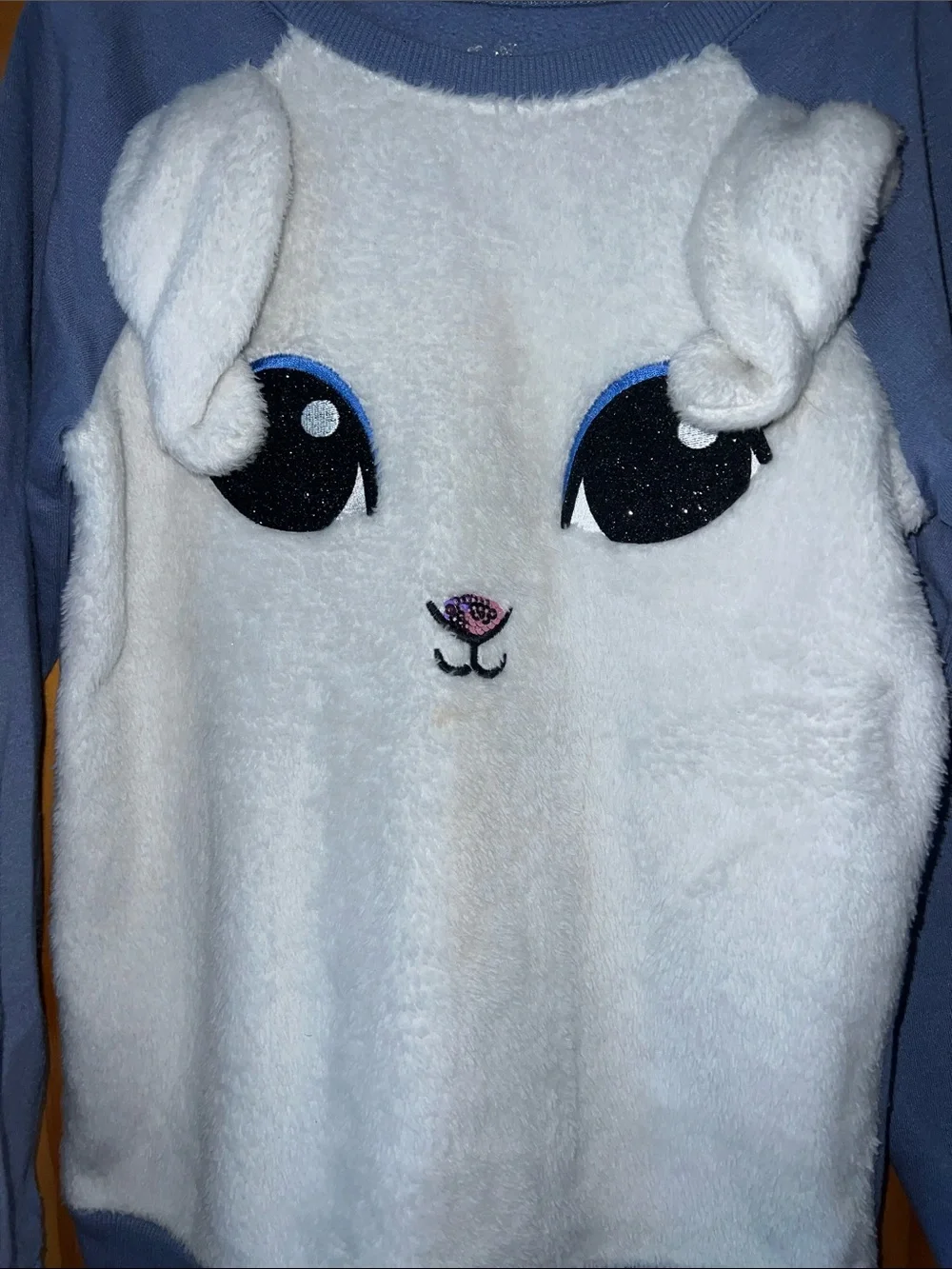 Justice White Plush Bunny Crewneck with Blue Sleeves